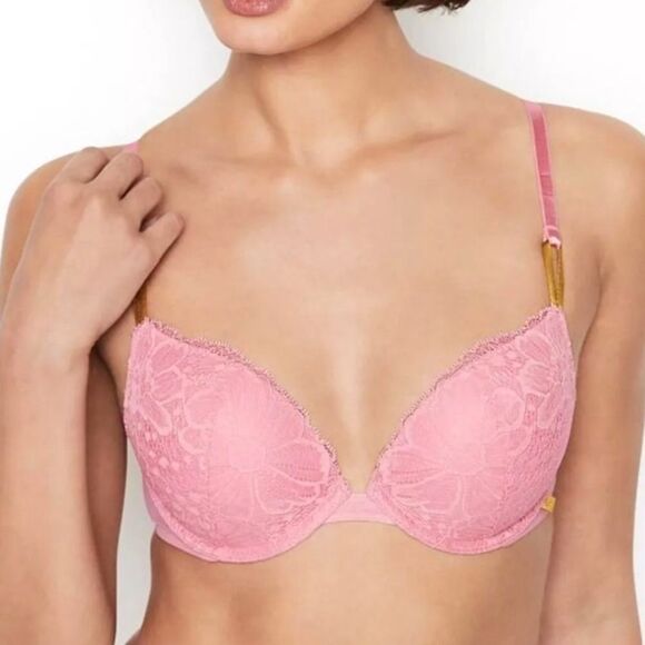 Victoria’s Secret Pink Floral Lace Sexy Lined Underwire Push-up Demi Bra Sz 34C - Picture 1 of 14